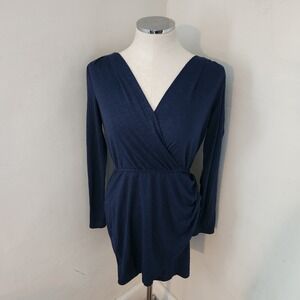 BCBGeneration Navy Blue Faux Wrap Long‎ Sleeve Ruched Draped Dress Size M